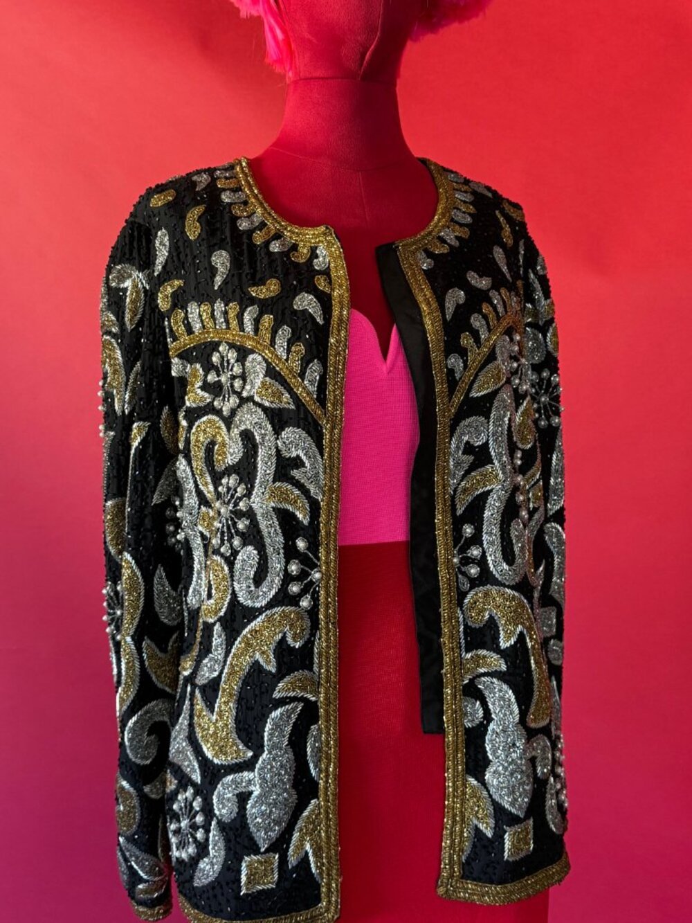 Vintage Laurence Kazar Beaded Silk Jacket, Black Gold Silver Jacket, Size L - Picture 11 of 12